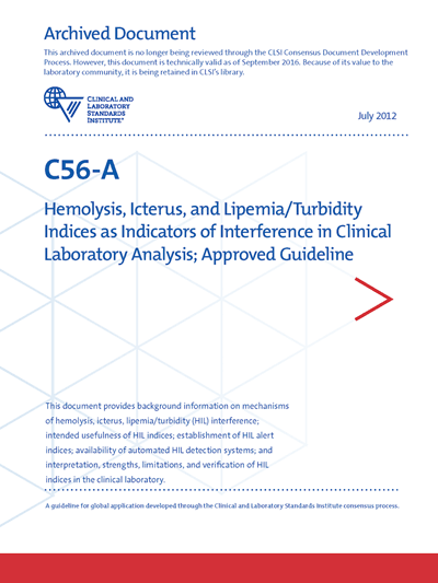 خرید استاندارد CLSI C56 دانلود استاندارد Hemolysis, Icterus, and Lipemia/Turbidity Indices as Indicators of Interference in Clinical Laboratory Analysis, 1st Edition